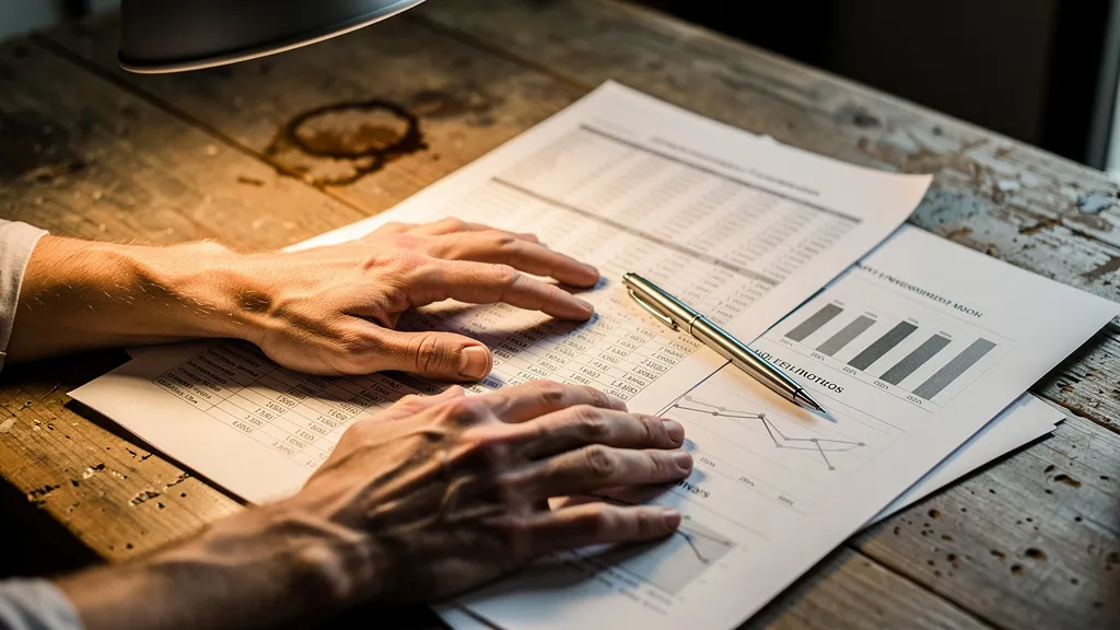 Close-up of hands reviewing property investment documents and financial charts on a wooden desk under warm lamp light, with a pen and spreadsheets visible.