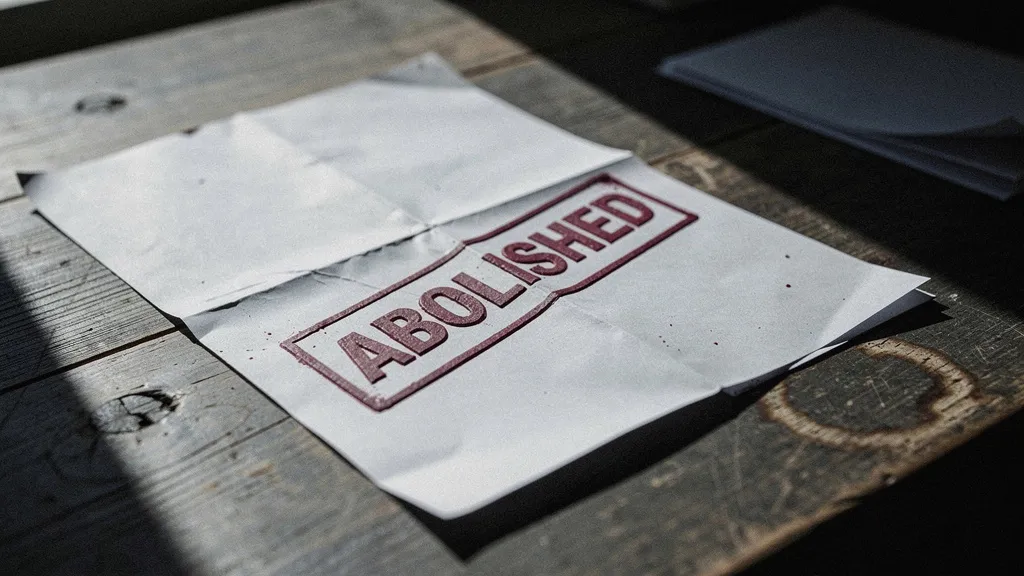 Close-up of a legal eviction notice stamped 'ABOLISHED' in red ink, lying on a wooden desk under dramatic side lighting with deep shadows.