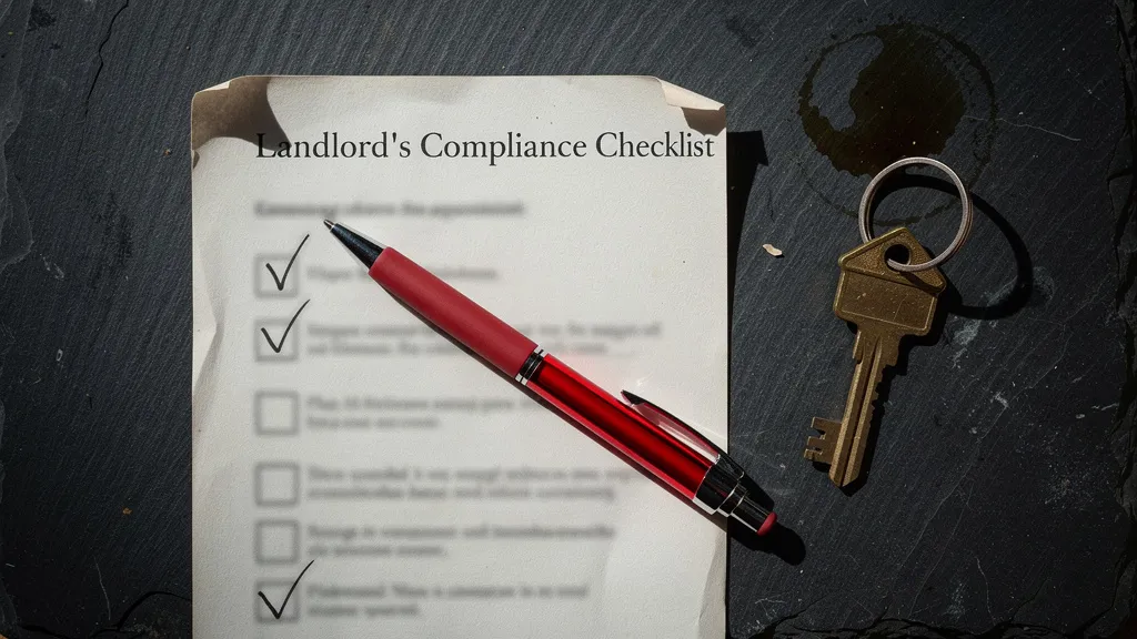 An overhead flat-lay of a British landlord compliance checklist on a dark slate surface, a red pen marking items, a set of house keys beside it, dramatic overhead lighting, muted tones of charcoal and red, photorealistic style, no readable text or numbers on the documents