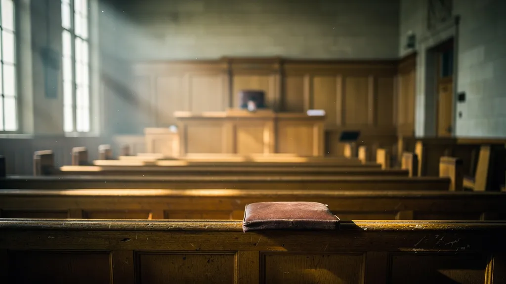 A British courtroom interior viewed from behind empty wooden benches, natural light filtering through tall windows, an empty judge's bench at the far end, atmosphere of quiet authority and legal weight, muted oak and stone tones, photorealistic style, no text or signage visible