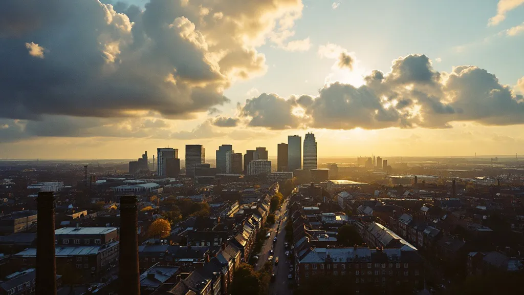 Aerial view of a UK city at sunset showing Victorian terraced houses transitioning into a modern skyline, bathed in warm golden light with dramatic clouds overhead.