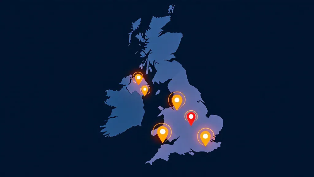 Flat design infographic style illustration of a simplified UK map outline with five glowing location pin markers placed at approximate positions of major UK cities, each pin a different warm accent colour against a deep navy blue background, clean minimal composition, no text labels or numbers visible, modern and bold visual style