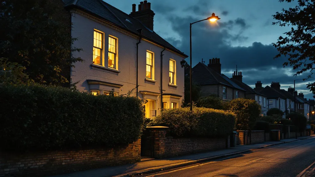 A Victorian terraced house glows warmly at dusk, amber light from multiple windows illuminating the cream facade against a moody blue sky and lush green hedges lining the quiet street.