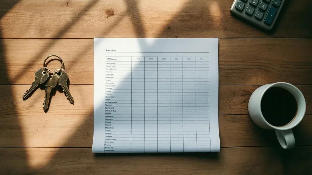 Overhead view of a property investment planning desk: spreadsheet, calculator, house keys, and coffee cup on wooden surface in warm morning light.