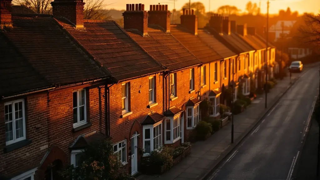 Aerial view of a row of traditional UK terraced houses bathed in golden-hour sunlight, with warm amber tones and soft bokeh in the background.