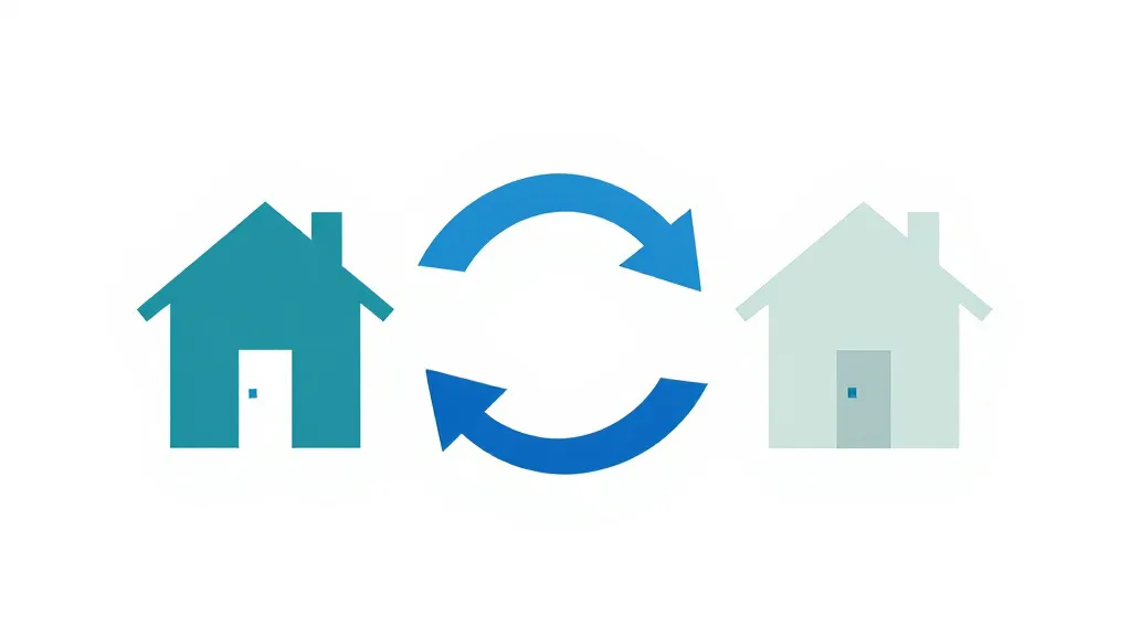 A clean flat-design infographic style illustration showing a simple property diagram with arrows indicating equity flow from one house icon to another, muted blue and green palette, minimal geometric shapes, white background, no text or numbers