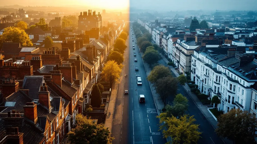 Aerial split-screen comparison of a Northern UK terraced street in warm golden light (left) versus a South London townhouse avenue in cool blue tones (right), emphasising housing density and property value contrasts.