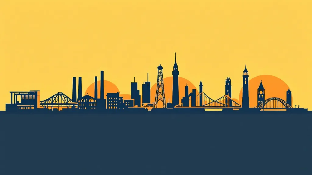 Five UK city skylines in minimalist flat-design style arranged horizontally in amber, navy, and primary colours.