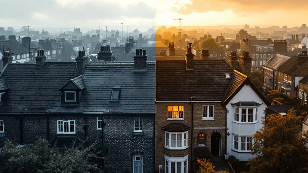 Aerial view of a Victorian terraced street split between cool grey-blue overcast light on the left and warm amber evening light on the right, symbolising regulatory restriction versus market value.