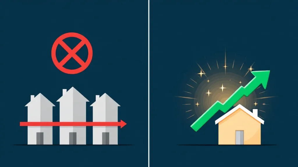 A clean flat-design infographic illustration showing two contrasting columns. Left column depicts a row of identical houses with a red barrier symbol across a new conversion arrow, representing restricted new supply. Right column shows a single house with a green upward-trending arrow and a warm golden glow, representing increased value of existing stock. The background is a deep navy blue. No text, letters, numbers, or logos anywhere in the image. Flat-design illustration style with bold geometric shapes.
