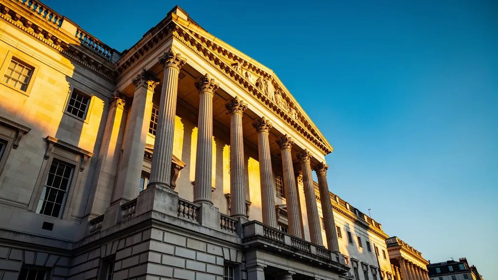 Low-angle view of the Bank of England building in London at dawn, golden light casting long shadows across its classical stone facade against a clear blue sky.