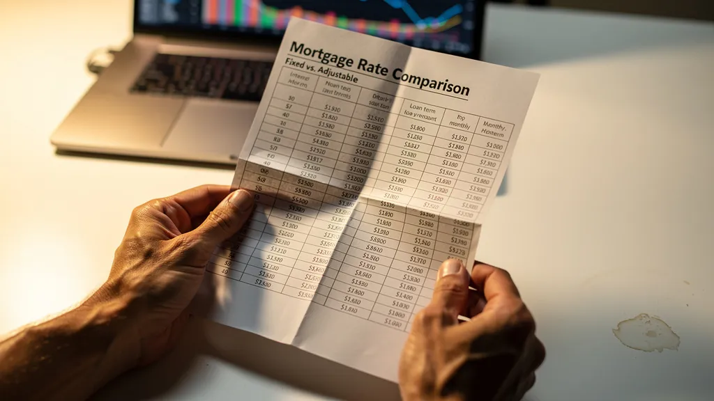 Close-up of hands holding a mortgage rate comparison sheet at a desk with a laptop in the background, warm office lighting, shallow depth of field.