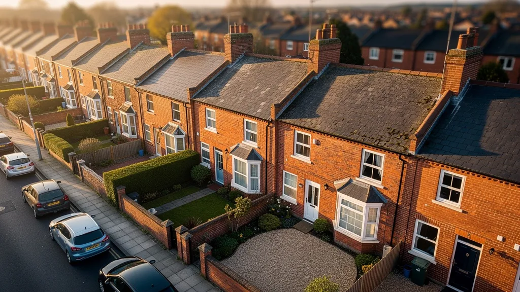 Aerial view of a row of traditional red-brick UK terraced houses in afternoon sunlight, with manicured gardens and soft shadows across the residential street.