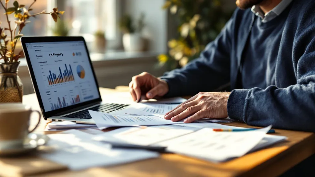A focused male investor reviews property documents at a wooden desk in warm morning light, with a laptop showing UK property data softly blurred in the background.