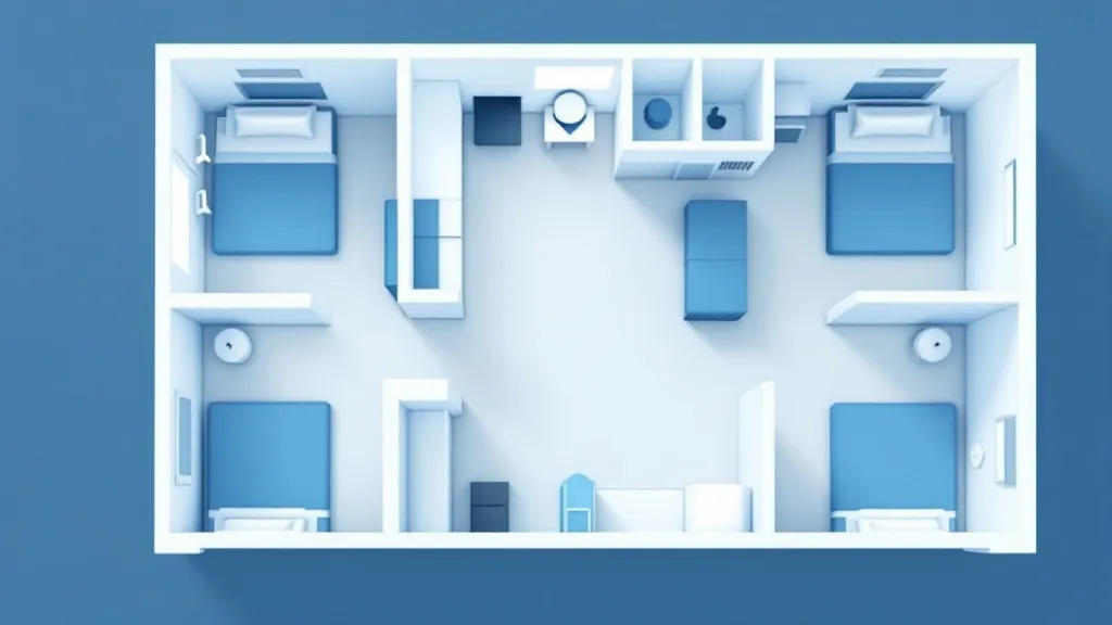 Top-down floor plan illustration of a UK terraced house converted to HMO layout with multiple bedrooms in blue and white minimal style.