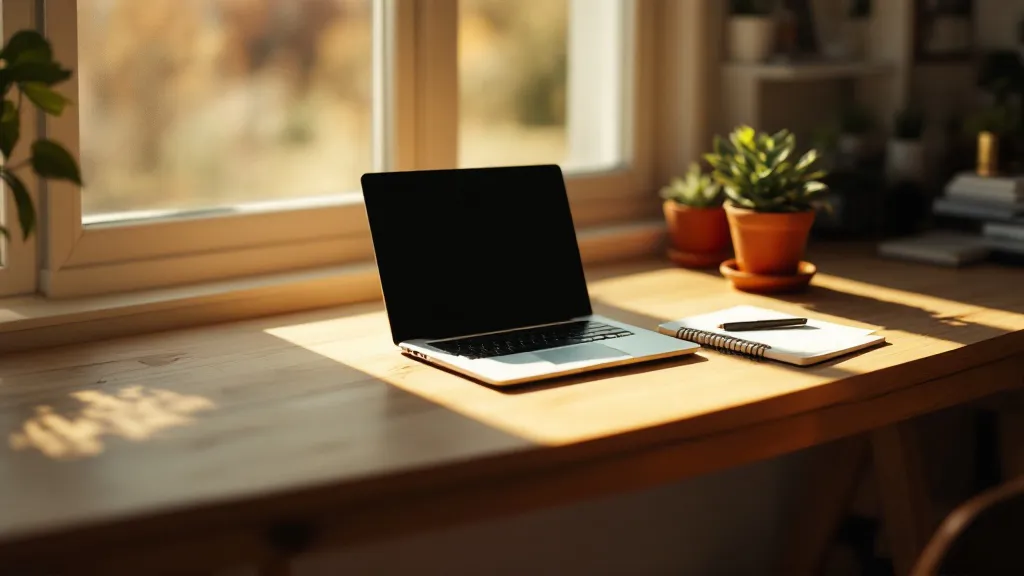 Minimalist home office desk by a bright window with a laptop, potted plant, and notepad in soft morning light.