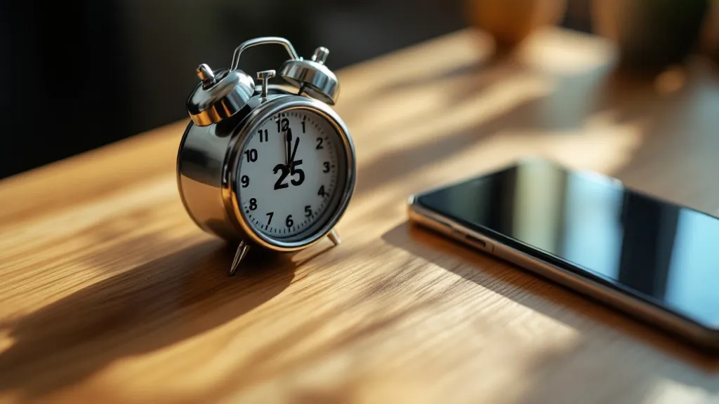 A mechanical kitchen timer set to 25 minutes rests on a wooden desk next to a face-down smartphone, bathed in warm natural light with shallow focus.