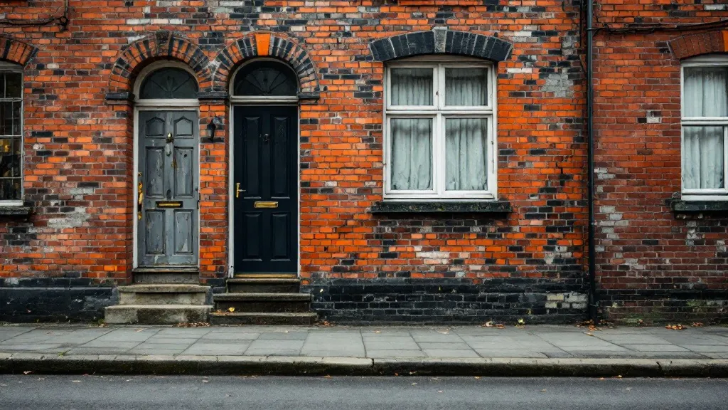 A red-brick Victorian terraced house on an overcast Northern English street, autumn light, weathered facade, quiet residential setting.