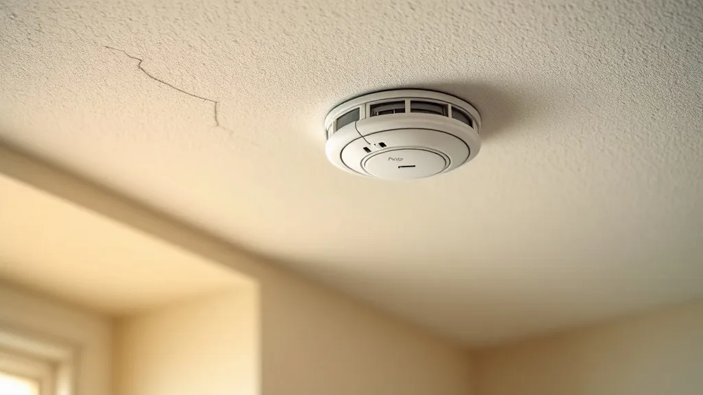 Close-up of a mains-wired interlinked smoke detector mounted on a white ceiling inside a residential property, warm interior lighting, shallow depth of field, clean and clinical feel, no text or labels visible, photorealistic style