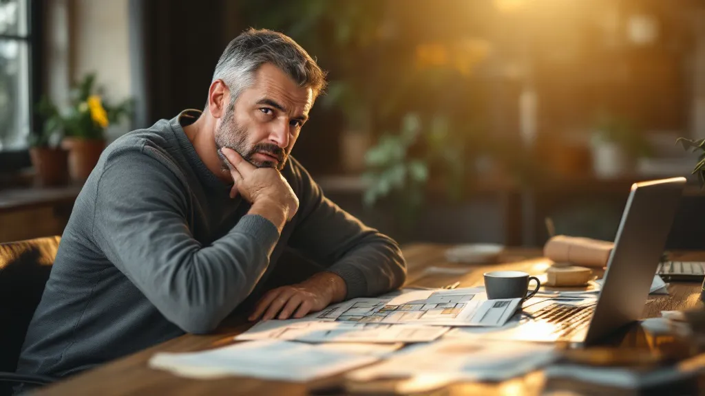 A thoughtful property investor sits at a cluttered desk with brochures and laptop, bathed in warm window light, looking slightly frustrated while reviewing investment opportunities.