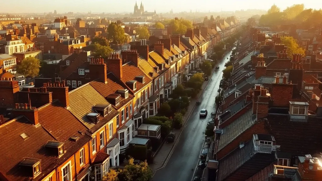 Aerial view of a dense row of Victorian terraced houses shot during golden hour, showing varied rooflines, chimneys, and architectural details in warm, textured tones.