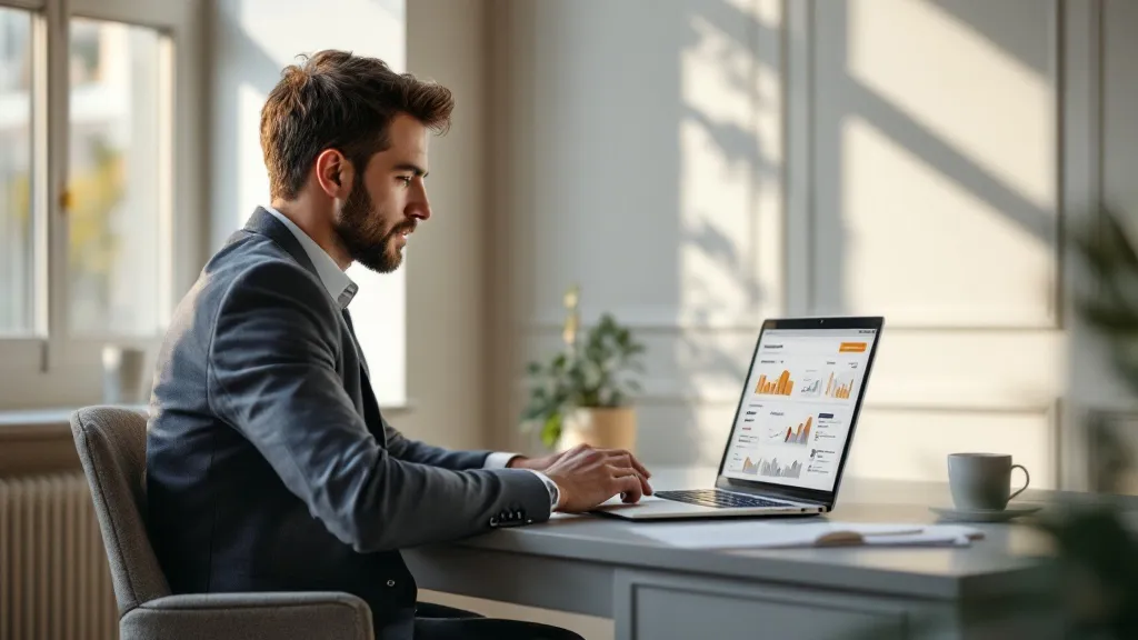 A professional investor in smart-casual clothing sits at a modern desk, focused on a laptop displaying a property data dashboard, lit by warm natural light from a side window.