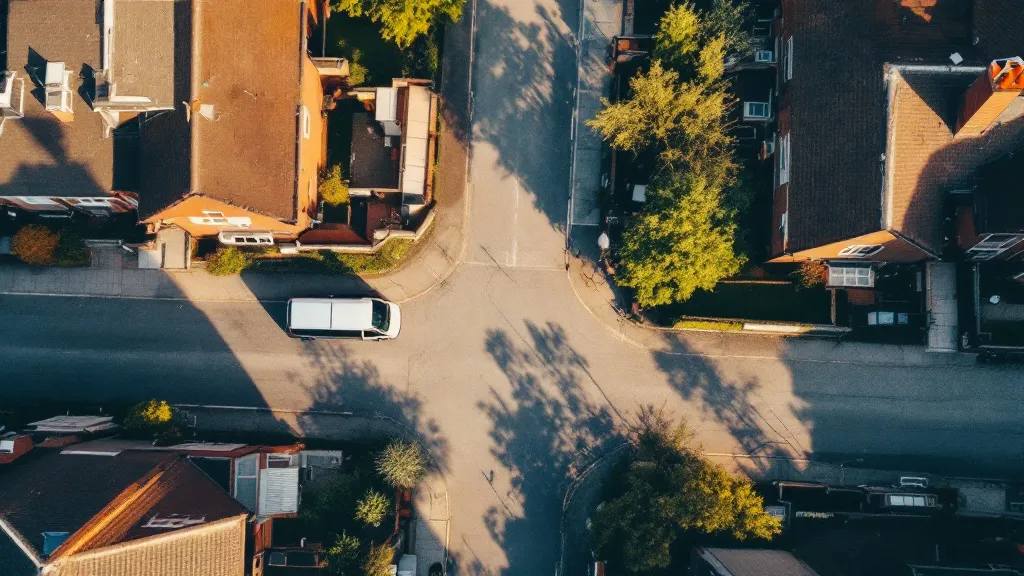 Aerial view of a UK terraced street in soft morning light, with warm brick houses, long shadows, and muted greens, conveying scale and residential opportunity.