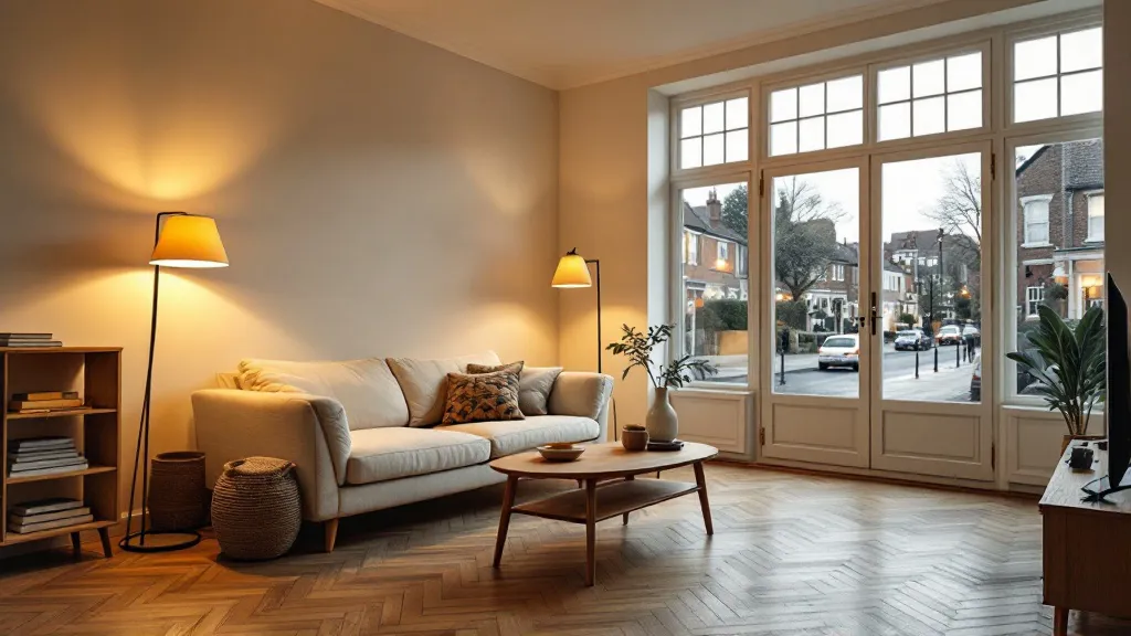 Bright Scandinavian-style shared house living room at dusk, lit by warm floor lamps, with oak furniture and large windows overlooking a quiet UK street at twilight.