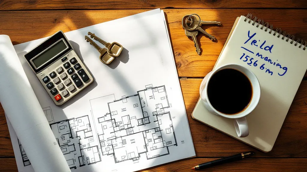 Overhead flat-lay of a property investor's desk: printed floor plans of a terraced house, a calculator, a notepad with handwritten yield calculations, a cup of coffee, and a set of house keys on a wooden surface. Natural daylight from the side. Mood is focused and professional. Colour palette: cream, charcoal, warm wood. No screens, no text visible. Photorealistic.
