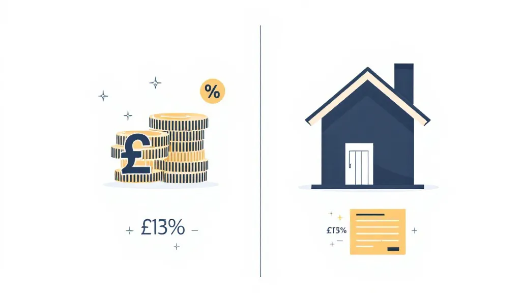 Flat-design infographic split between stacked pound coins on the left and a UK house with mortgage document on the right, navy and gold palette on white background.