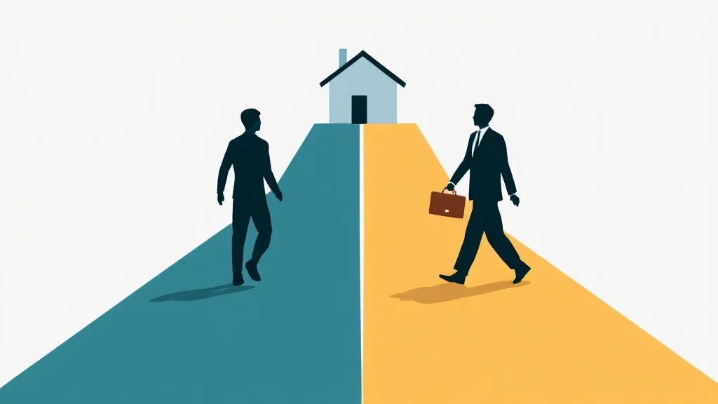 Two illustrated pathways—one with a person silhouette, one with a briefcase icon—converge toward a shared house, symbolising personal and corporate routes to homeownership in teal and amber.