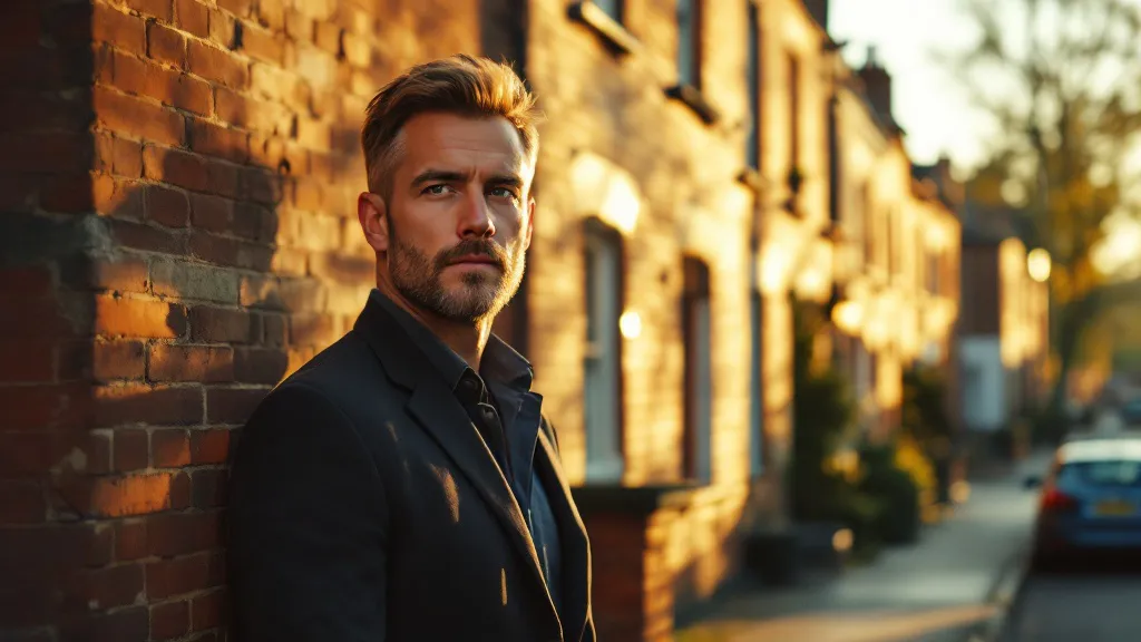 A composed investor stands before a row of UK terraced rental properties at sunset, warm light casting long shadows across brick facades, his expression showing quiet determination.