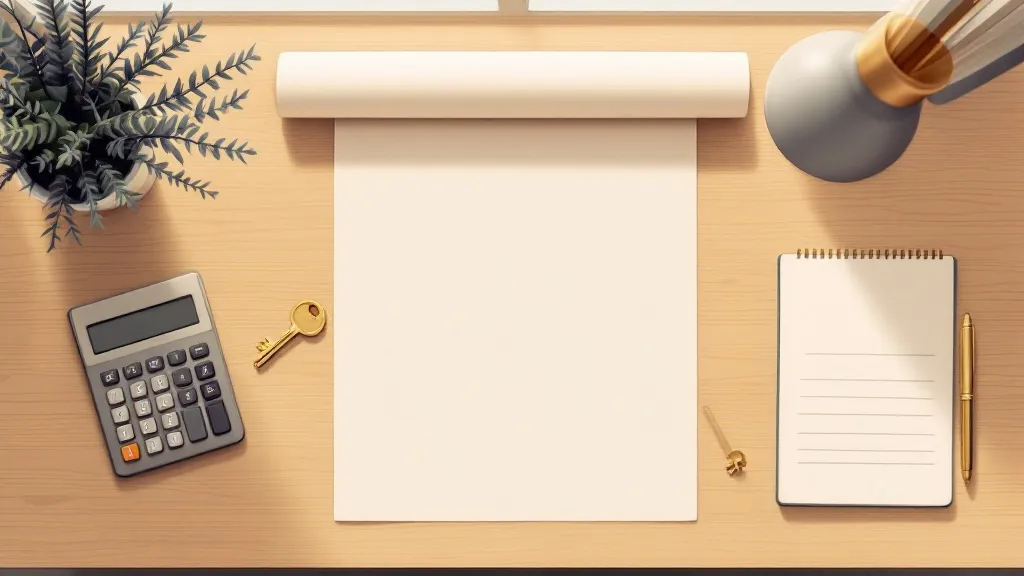 Flat-design illustration of a desk with property floor plan, brass key, calculator, and notebook in muted cream and grey tones with warm natural light.