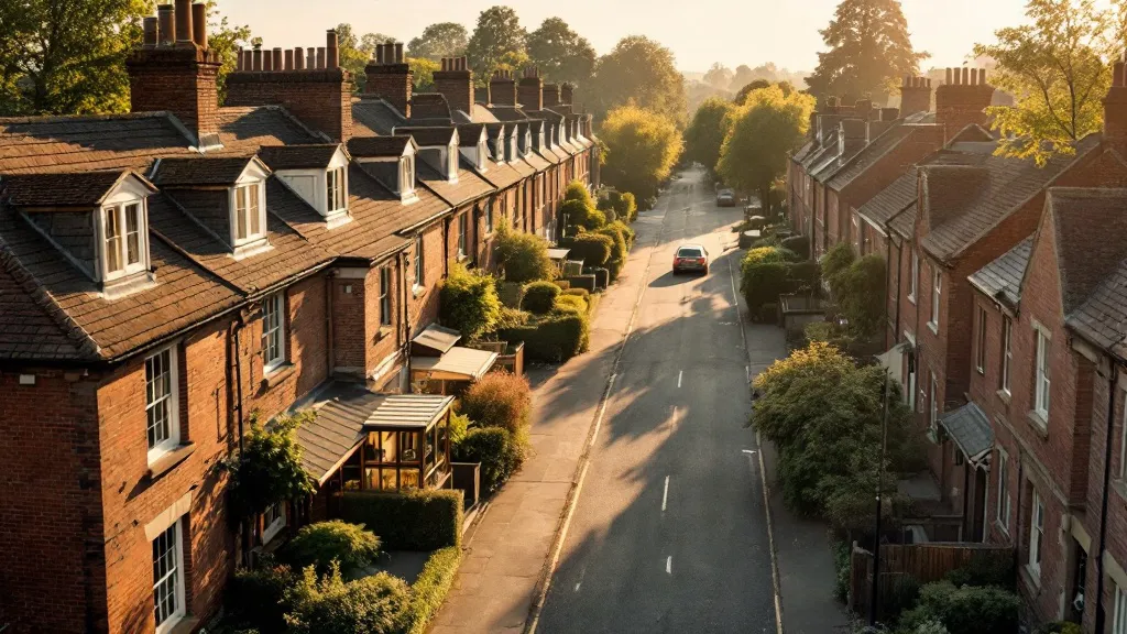 Aerial view of a traditional UK terraced street bathed in golden late-afternoon light, showing rows of period homes with terracotta and grey rooftiles stretching into calm distance.