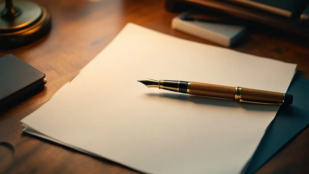 Close-up of a legal contract on a wooden desk with a fountain pen, lit by warm amber lamplight with shallow depth of field.