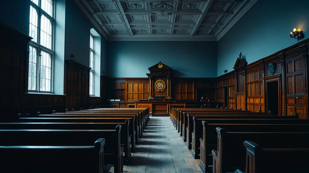 Empty UK magistrates courtroom with wooden benches, high ceilings, and natural light from tall windows, conveying formal authority and legal consequence.