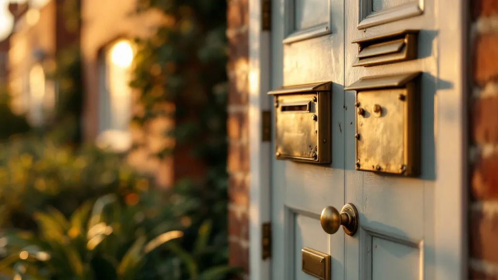 Close-up of a British terraced house front door with multiple letterboxes, bathed in warm evening light with long shadows across the front garden, muted earthy tones.
