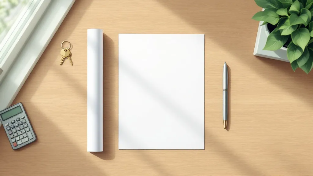 Flat-design illustration of mortgage-related objects—document, key, calculator, pen—arranged on an oak desk with natural side lighting and minimal colour palette.