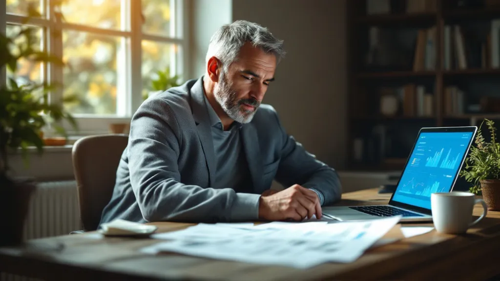 A focused middle-aged landlord reviews property documents and financial charts at a wooden desk in natural window light, embodying calm professional expertise.