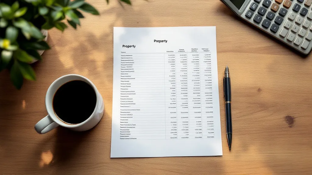 Overhead view of a wooden desk with a blurred property spreadsheet, calculator, pen, and steaming coffee cup in warm morning light.