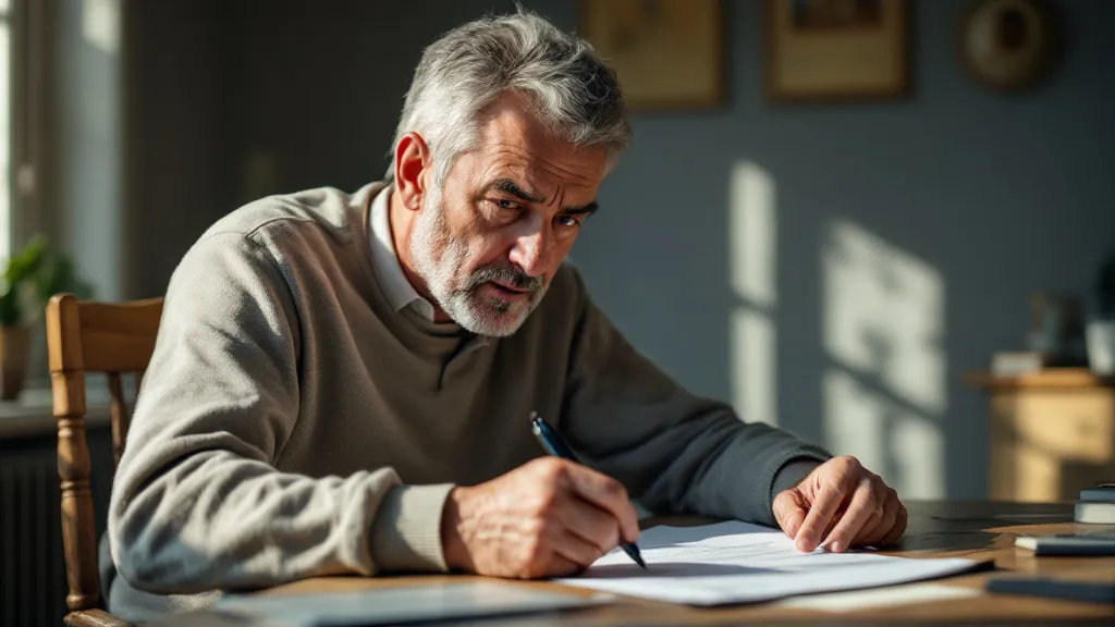 A concerned landlord reviews a document at his wooden desk in warm natural light from a side window, pen in hand, expression showing concentration and mild worry.