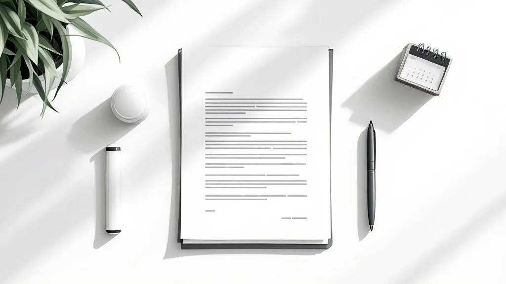 Flat-lay illustration of a formal legal document on a white desk with a pen and calendar, cool neutral tones, soft overhead lighting.