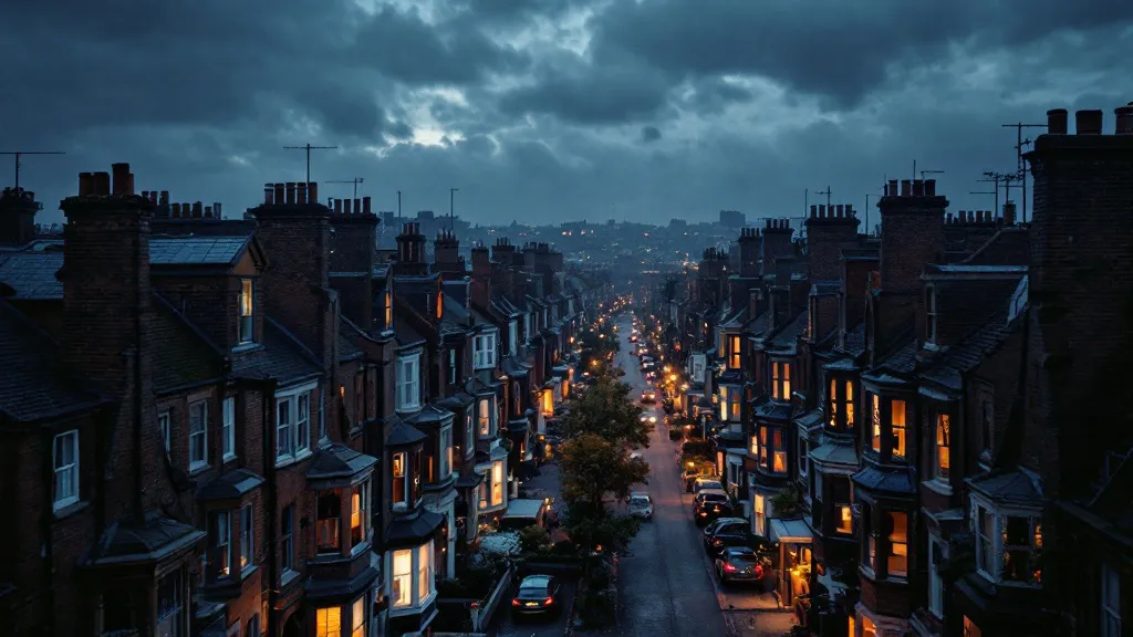 Aerial view of a dense UK residential street at dusk, rows of Victorian terraced houses with warm amber lights glowing through windows against a deep blue overcast sky.