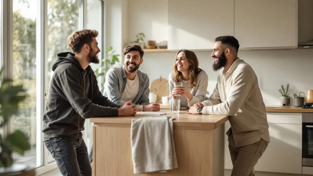Young professionals socialise around a kitchen island in a bright, modern HMO shared living space with natural light from large windows, neutral furnishings, and a warm, inviting atmosphere.