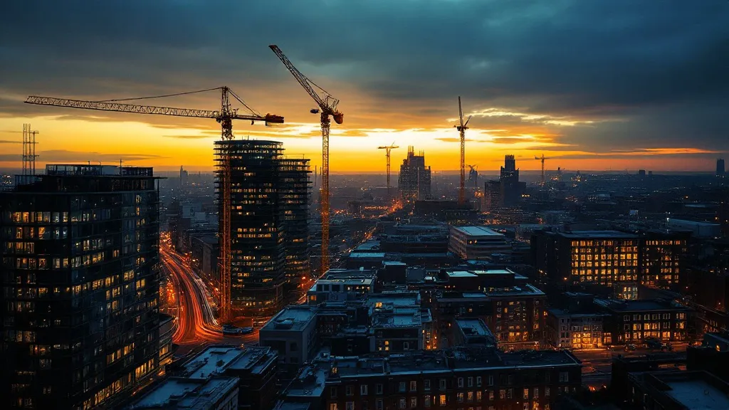 Aerial dusk view of a UK city showing construction cranes, railway infrastructure, and contrasting modern glass buildings with Victorian brick terraces below a dramatic amber-to-blue sky.