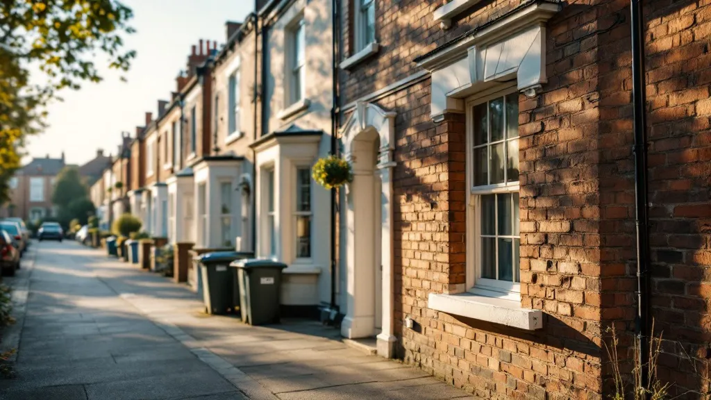 A row of well-maintained Victorian terraced houses on a Birmingham street bathed in warm afternoon sunlight, with fresh paintwork and modern amenities visible along the quiet residential pavement.