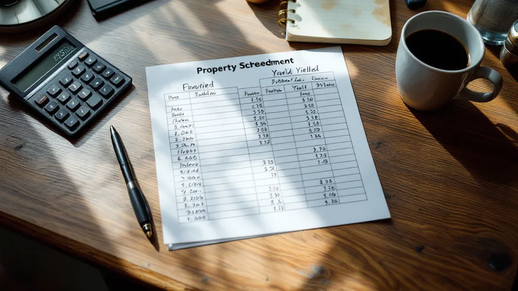 Overhead view of a wooden desk with a property spreadsheet, calculator, black coffee, and pen in warm morning light, shallow focus.