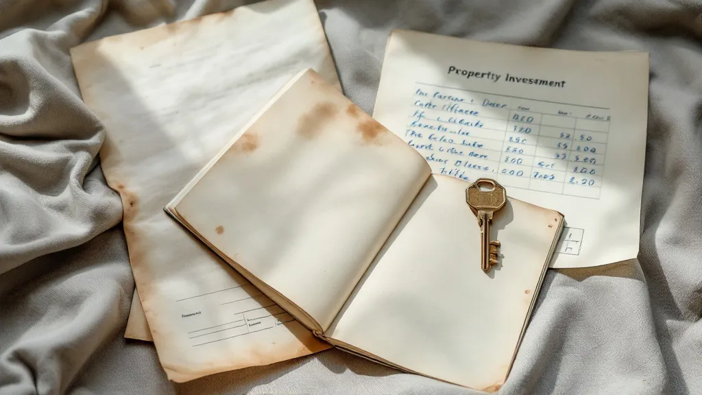 Overhead flat-lay of property investment documents, keys, and a handwritten notebook on grey linen, lit by soft window light from the left, conveying careful financial analysis.