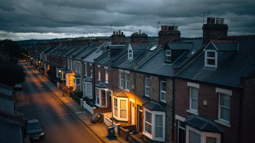 Aerial dusk photograph of a row of traditional English terraced houses with overcast sky, warm streetlights beginning to glow, muted grey and red tones, mood of quiet tension.