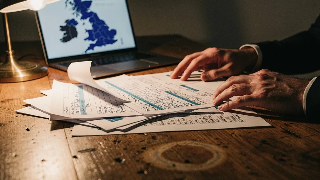 Close-up of investor's hands reviewing spreadsheets and planning documents at a wooden desk under warm lamp light, with a laptop screen showing a UK map in the background.